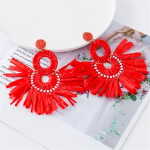 Red Raffia & 18K Gold-Plate Tiered Fringe Fan Drop Earrings
