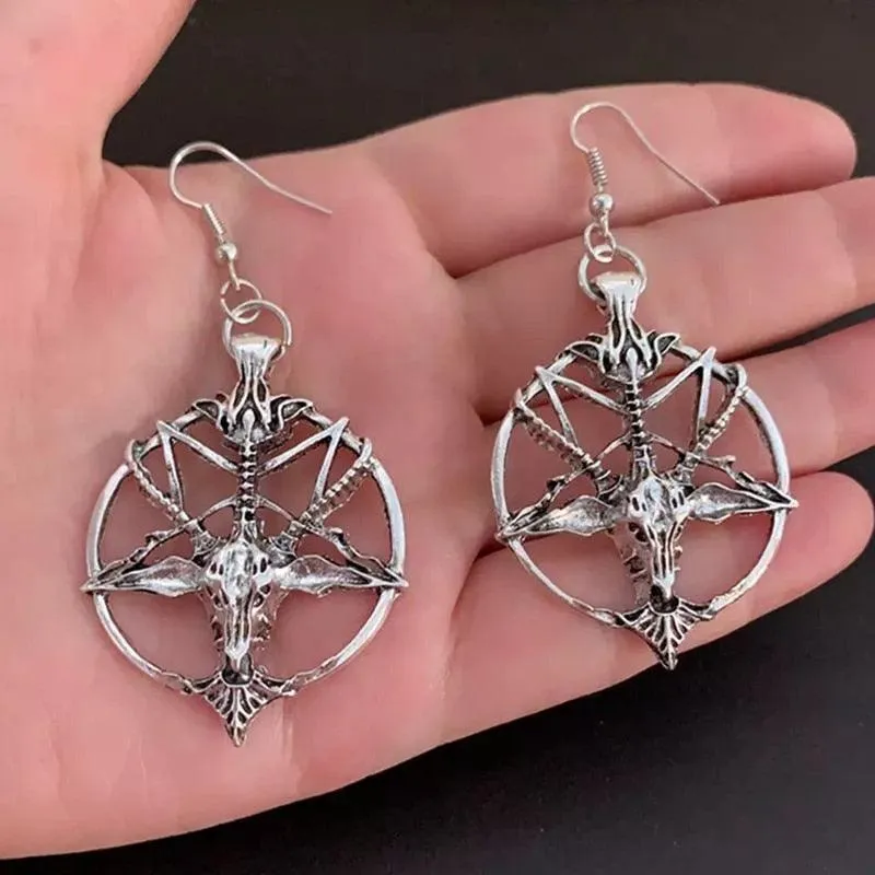 Retro Satan Pentagram Goat Head Skull Earrings