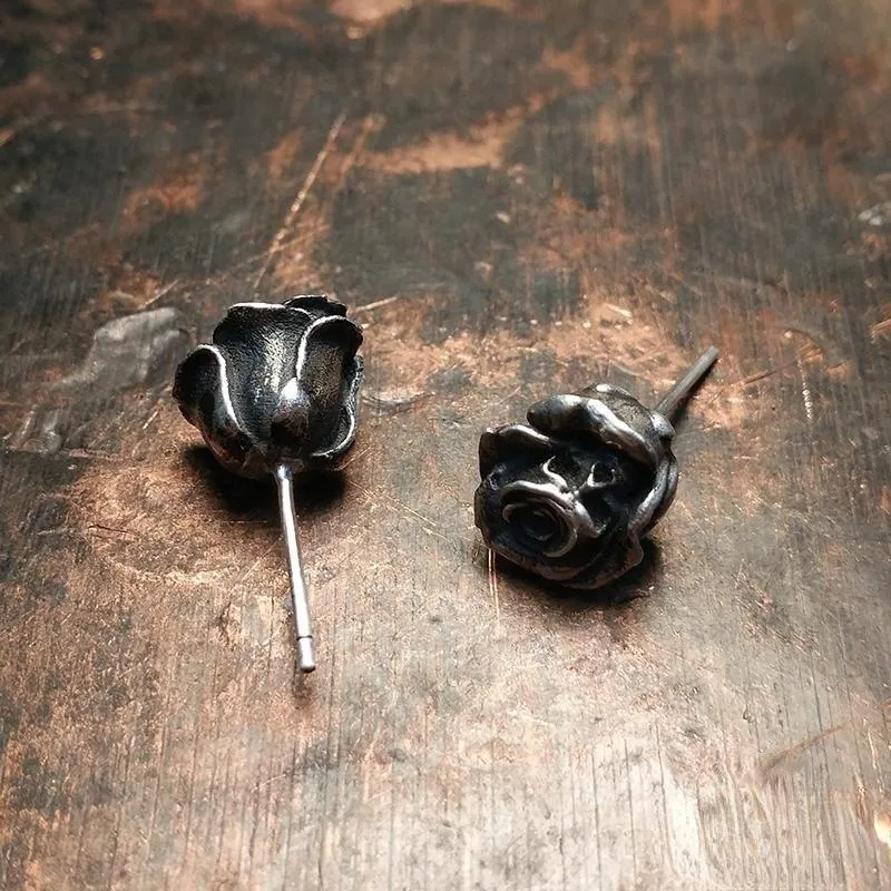 Retro Skeleton Death Rose Stud Earrings