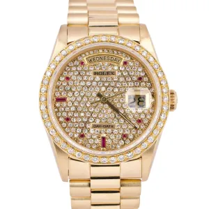 Rolex Day-Date President 36mm DIAMOND RUBY 18K Yellow Gold Quickset Watch 18238