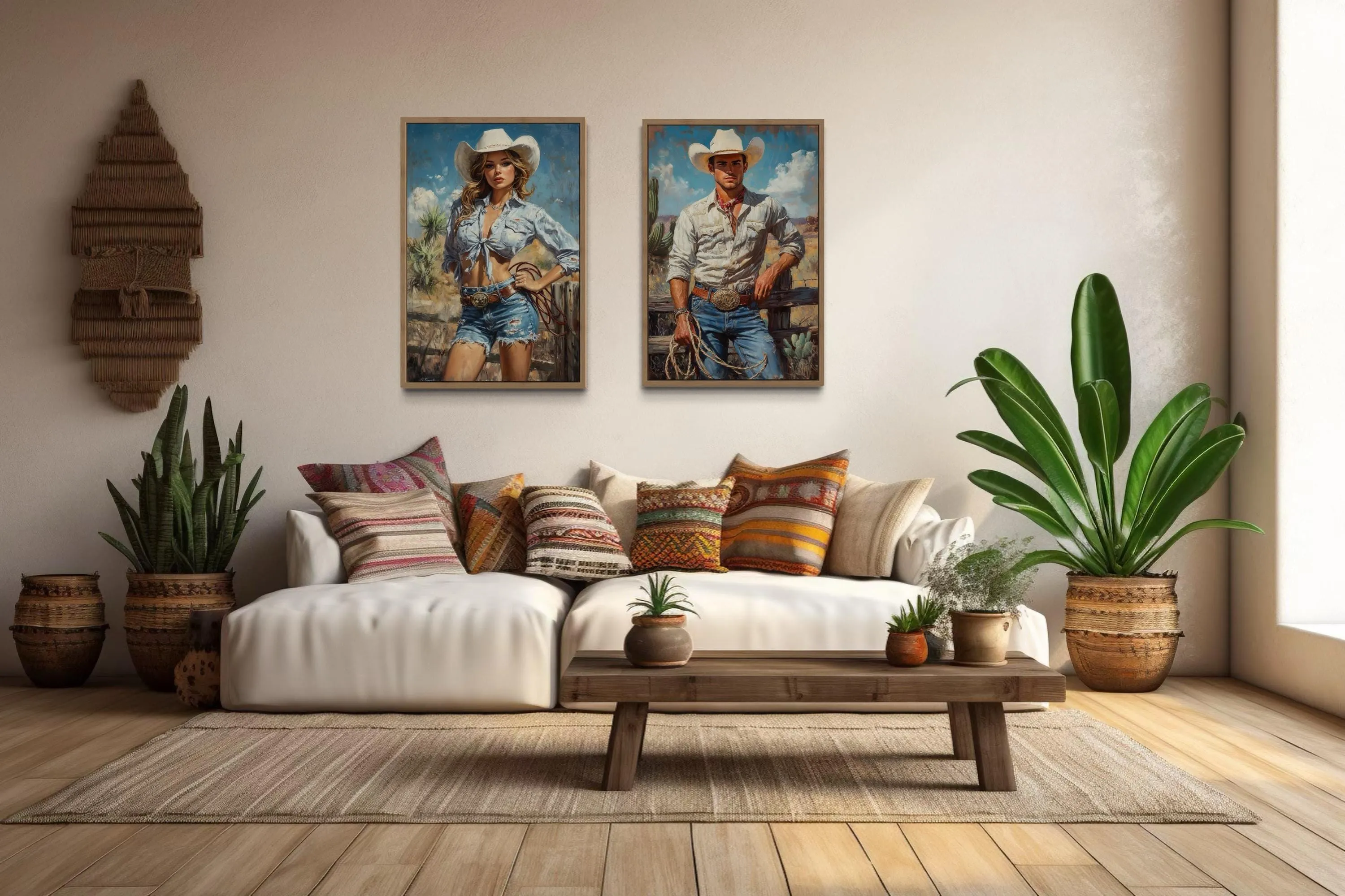 Set of 2 Cowboy And Cowgirl Retro Canvas Wall Art