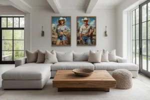 Set of 2 Cowboy And Cowgirl Retro Canvas Wall Art