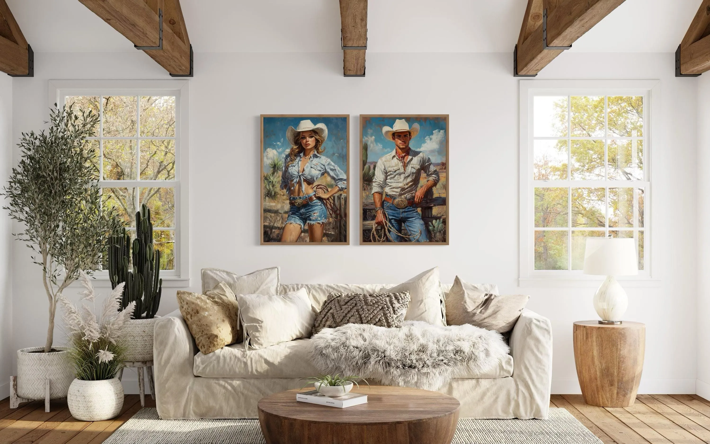 Set of 2 Cowboy And Cowgirl Retro Canvas Wall Art