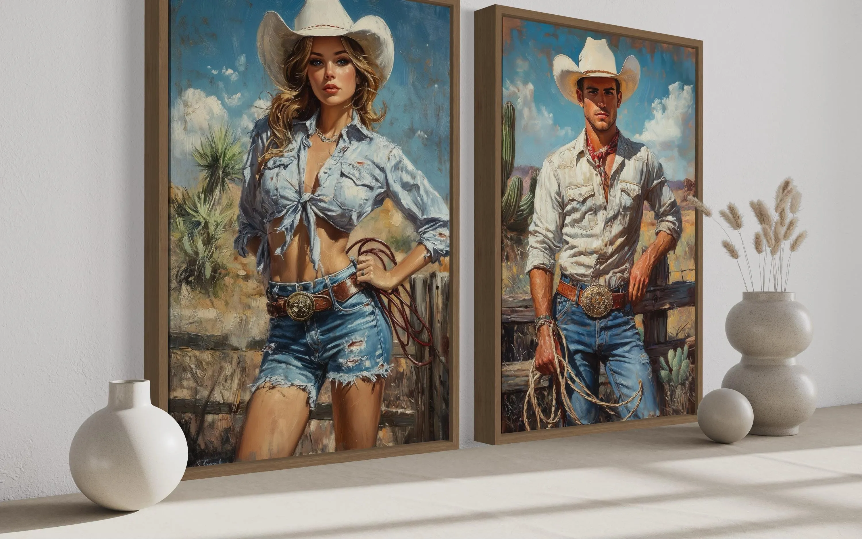 Set of 2 Cowboy And Cowgirl Retro Canvas Wall Art