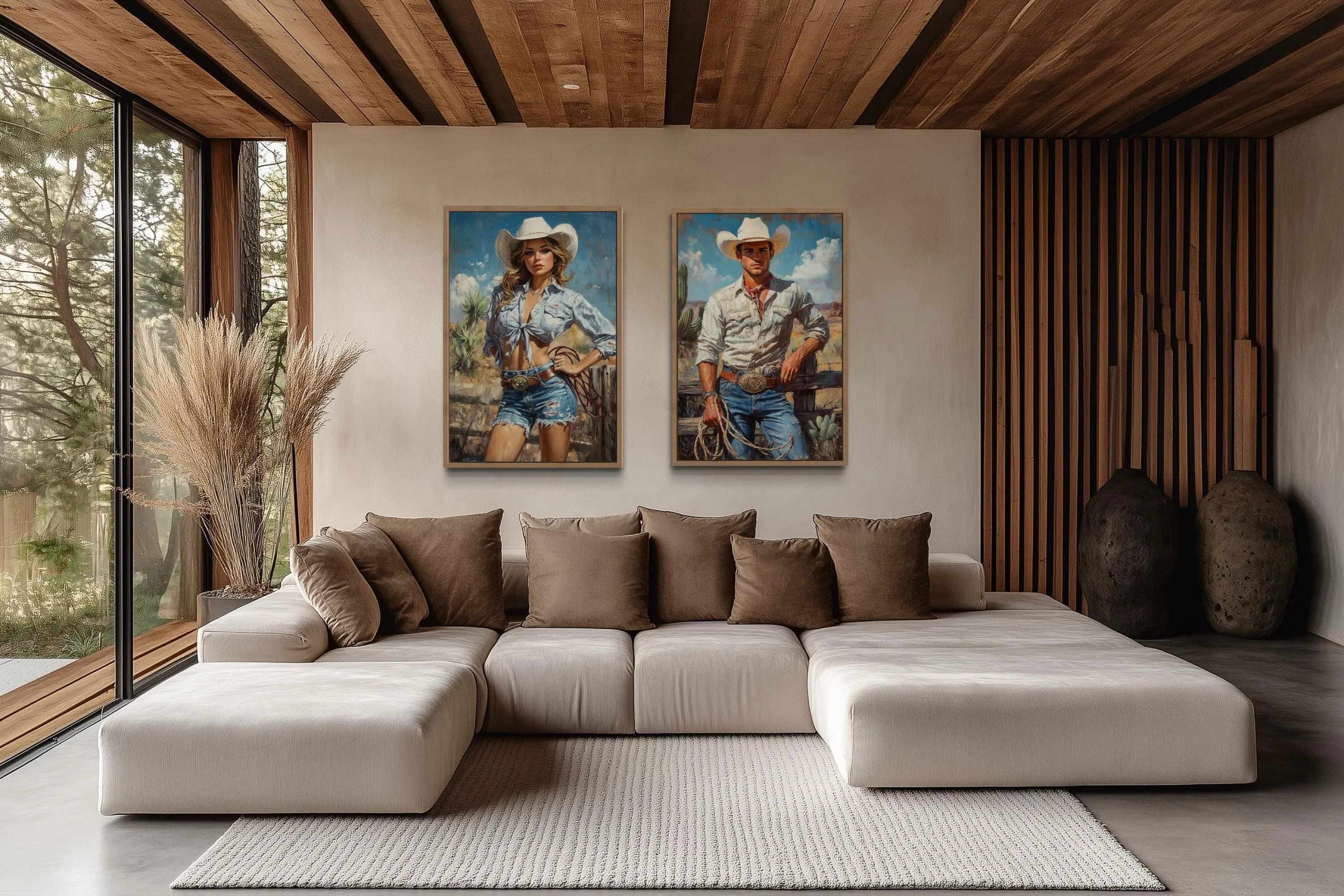 Set of 2 Cowboy And Cowgirl Retro Canvas Wall Art