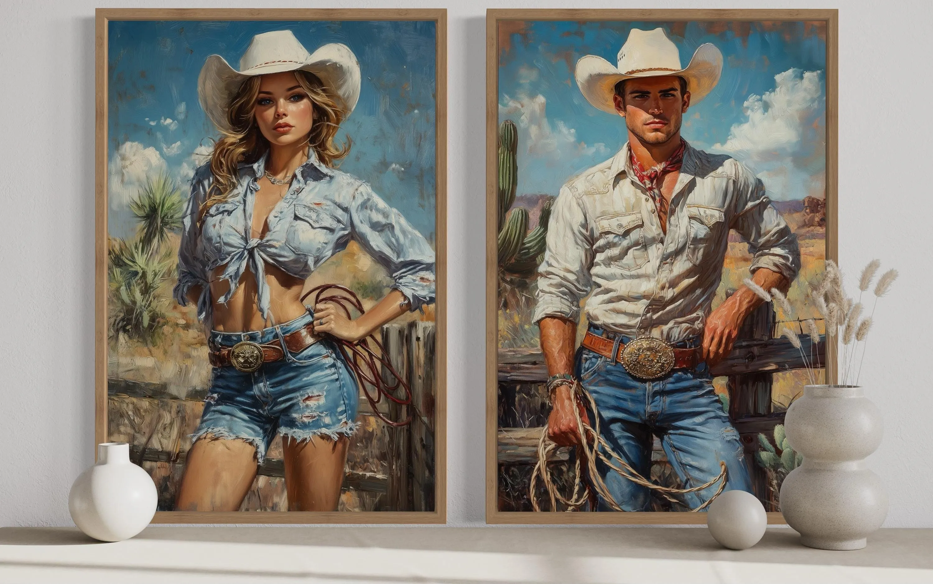 Set of 2 Cowboy And Cowgirl Retro Canvas Wall Art