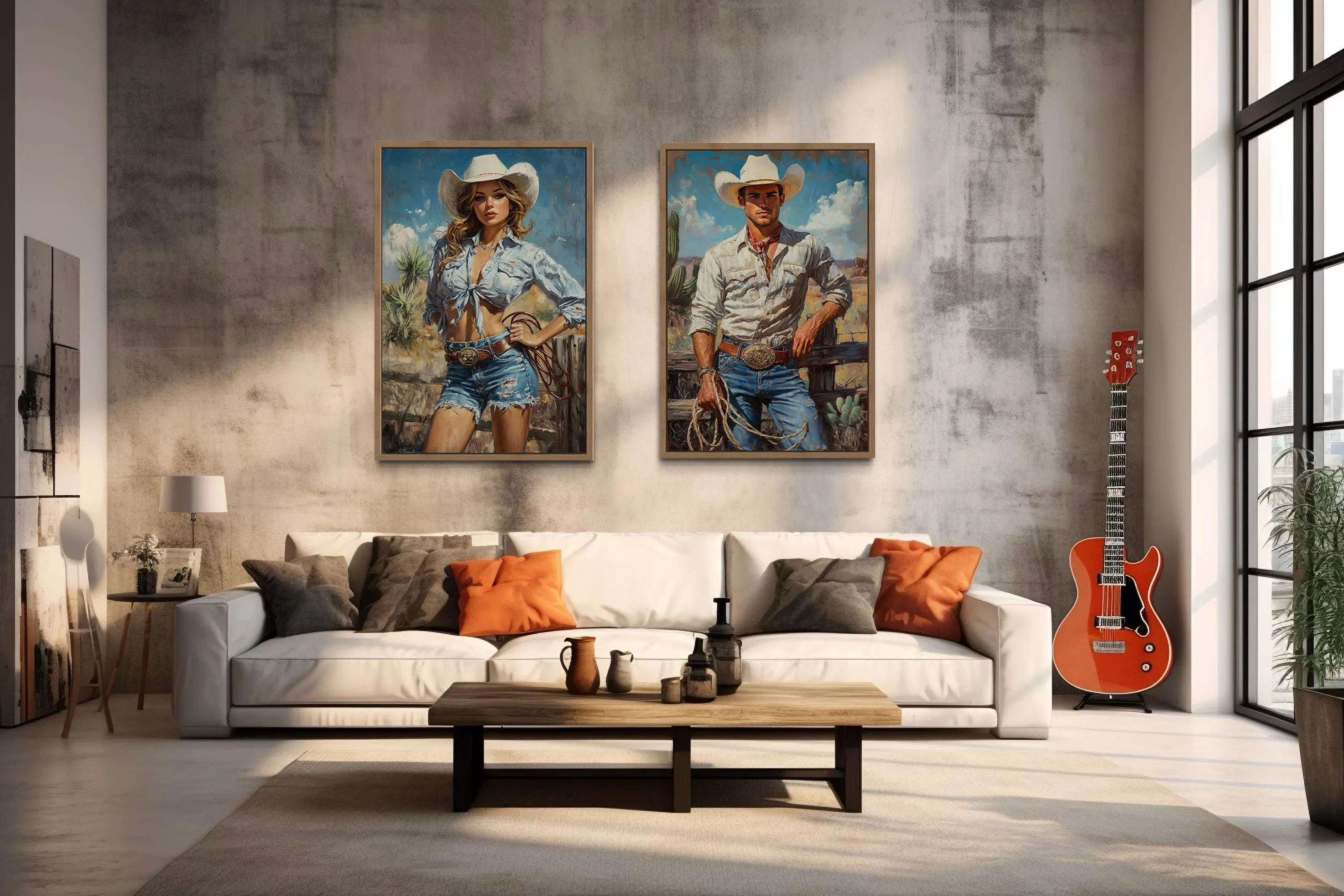 Set of 2 Cowboy And Cowgirl Retro Canvas Wall Art