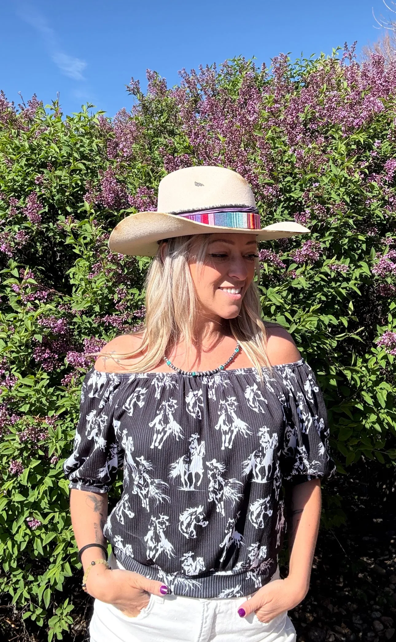 Short Sleeves Black Western Desert Printed Off Shoulder Top
