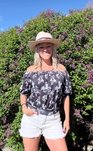 Short Sleeves Black Western Desert Printed Off Shoulder Top