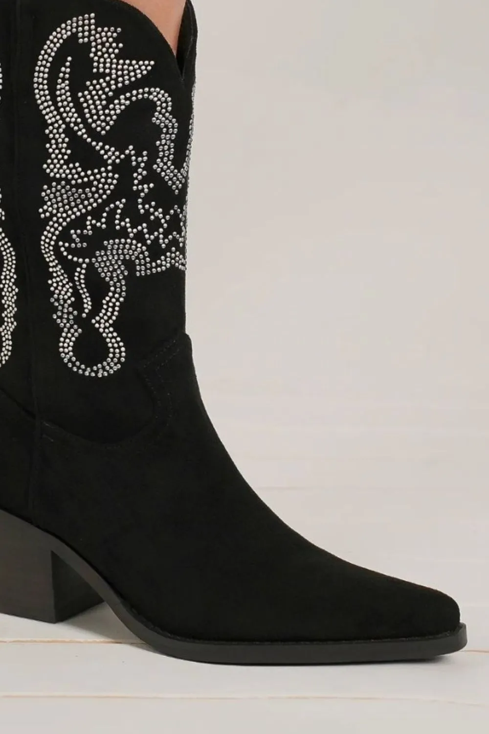 Starlit Stage Rhinestone Point Toe Boots – Luxe Suede