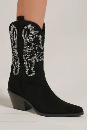 Starlit Stage Rhinestone Point Toe Boots – Luxe Suede