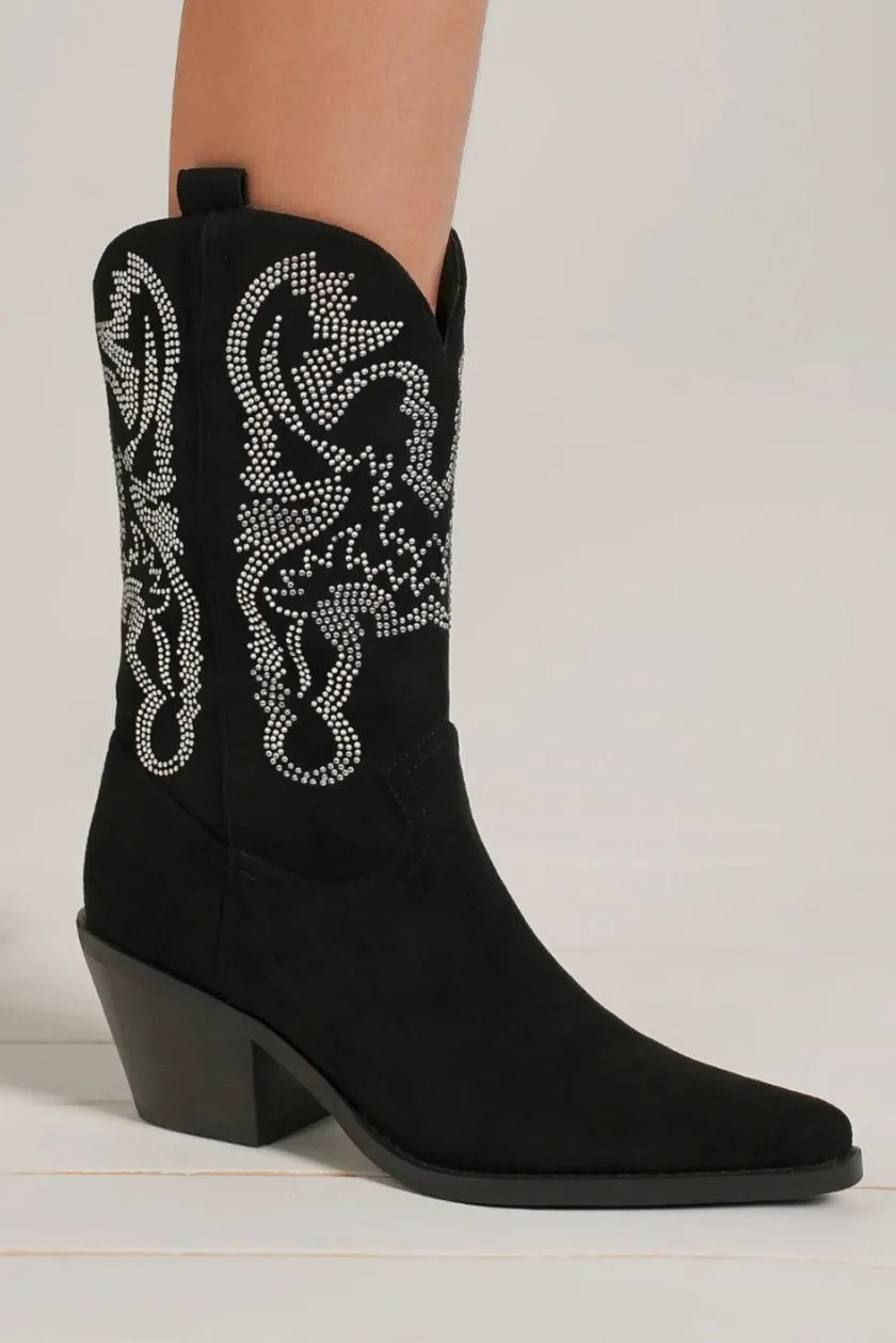 Starlit Stage Rhinestone Point Toe Boots – Luxe Suede