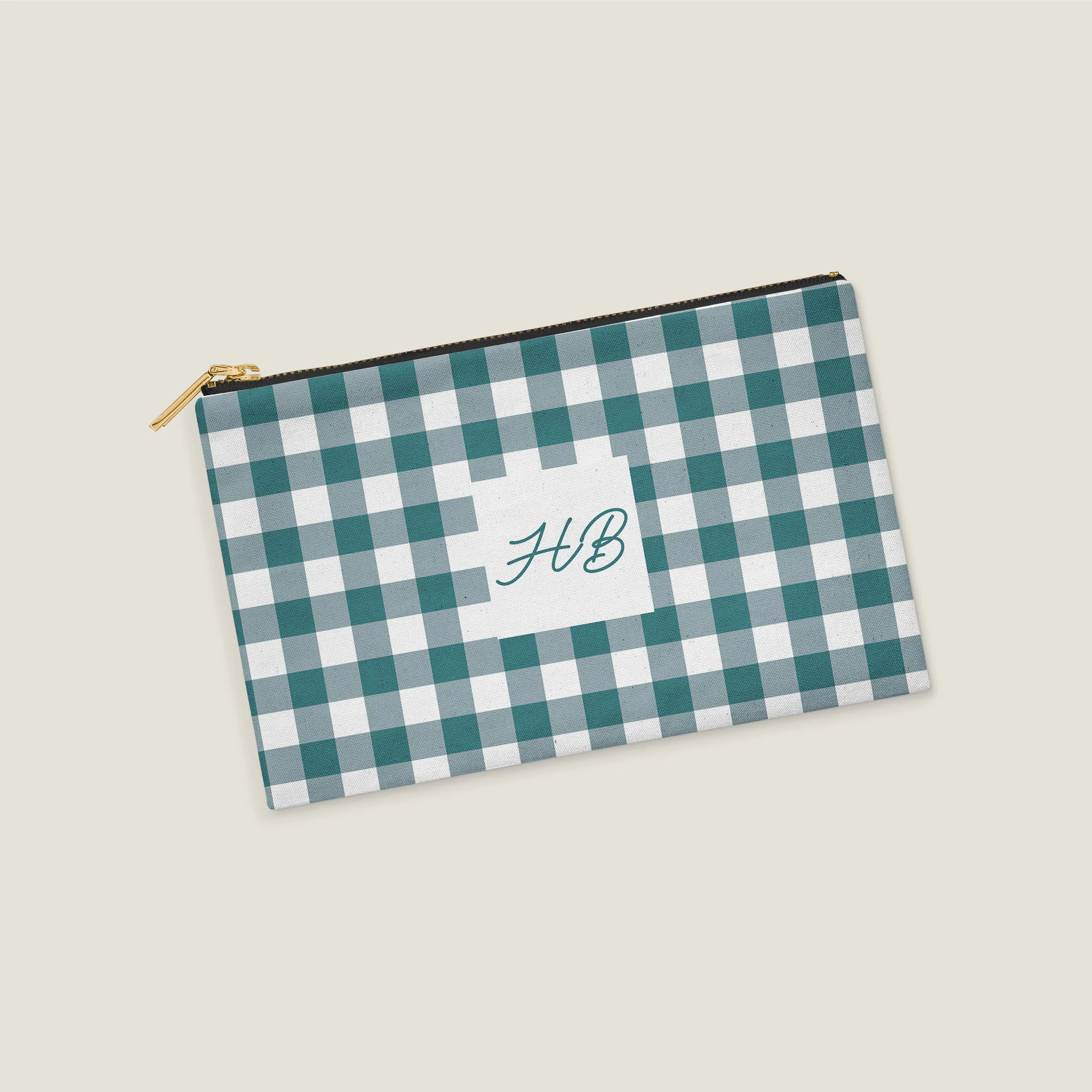 Teal Gingham Personalized Zipper Pouch