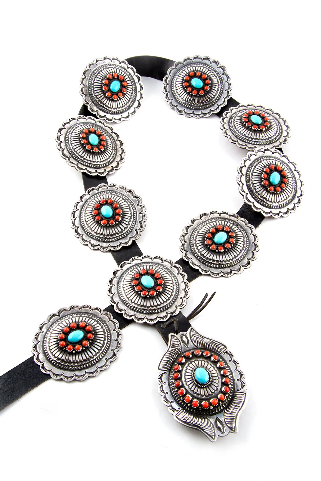 Turquoise and Coral Sterling Concho Belt