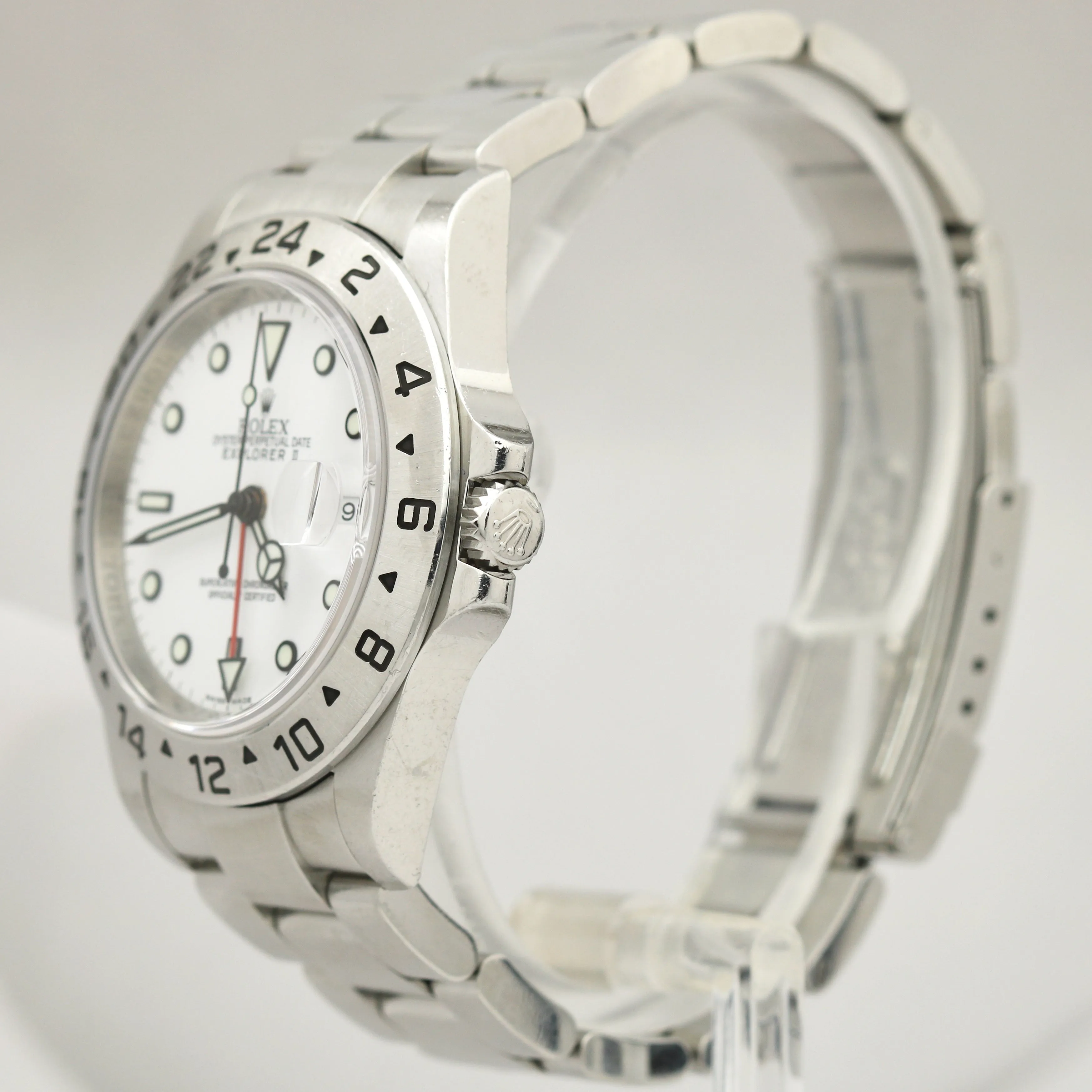 UNPOL. Rolex Explorer II Polar White NO HOLES 3186 Stainless 40mm REHAUT 16570