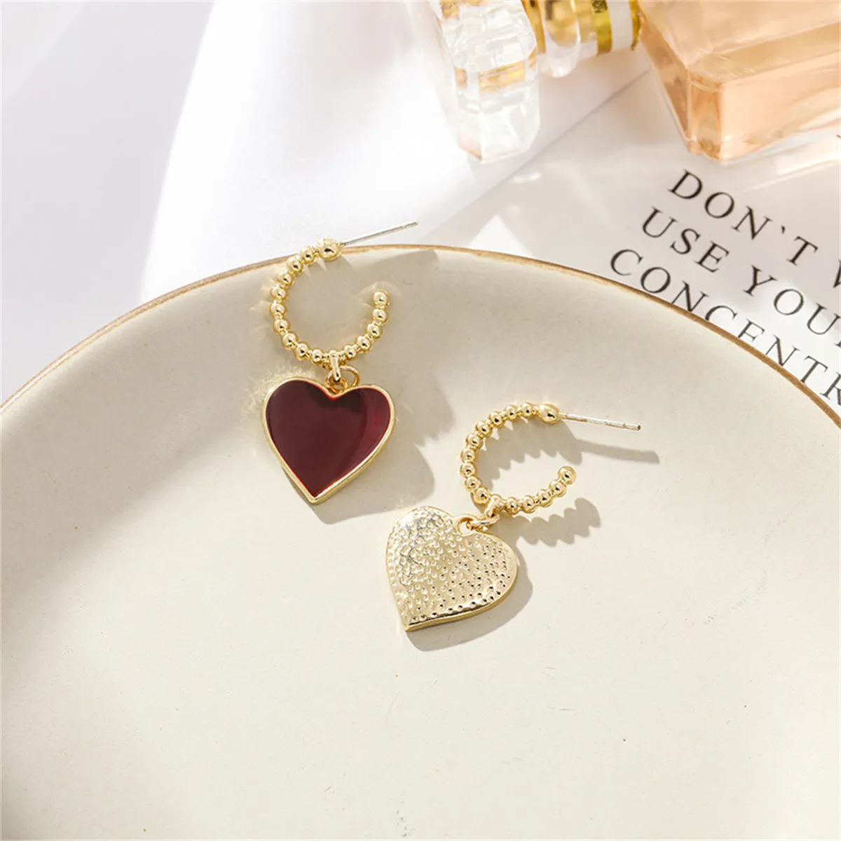 Wine Red Enamel & 18K Gold-Plated Heart Huggie Earrings