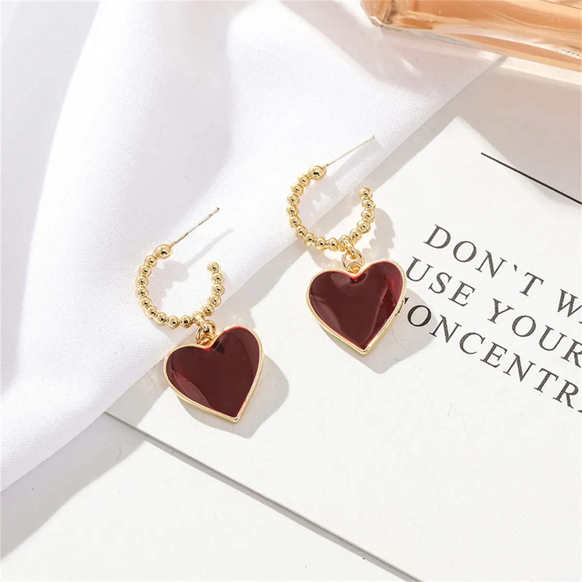Wine Red Enamel & 18K Gold-Plated Heart Huggie Earrings